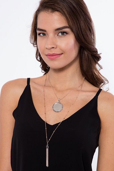 Modex Rose Color Coin Tassel Detail Double Necklace