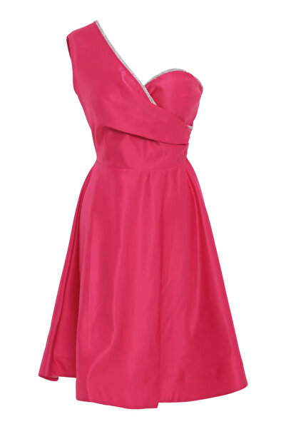 Keikei Fuşya saten tek kol kısa elbise