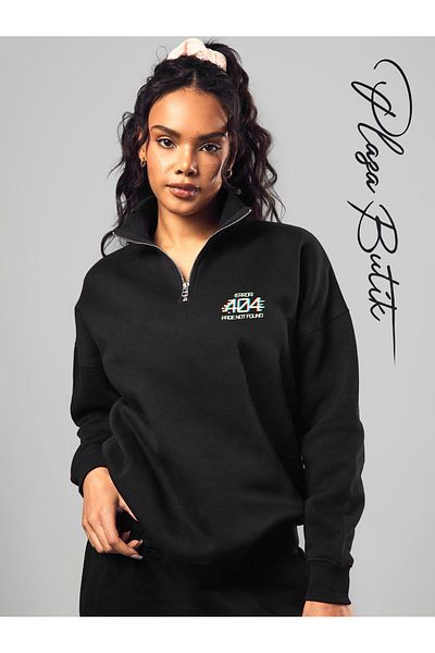 Plaza Butik Women's Relaxed Fit Oversize Cotton Fleece Inside Half Zipper Stand Collar 404 Printed Sweatshirt