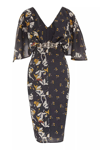 Keikei Lacivert pul payetli krep kısa kol kısa elbise