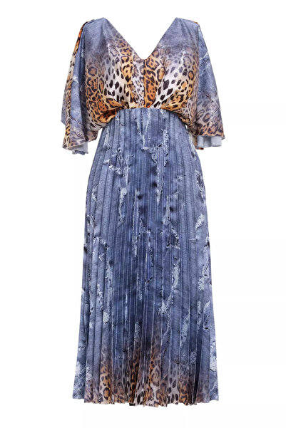 Keikei Desenli saten kısa kol uzun elbise