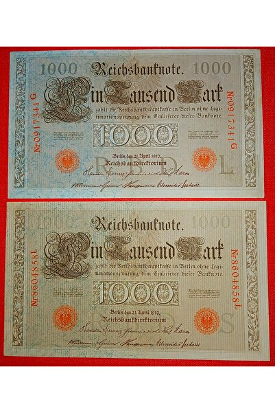 DÜZGÜN TİCARET 1910 Yılı Almanya 1000 Mark Yabancı Kağıt Para 2 Adet ORTA KON...