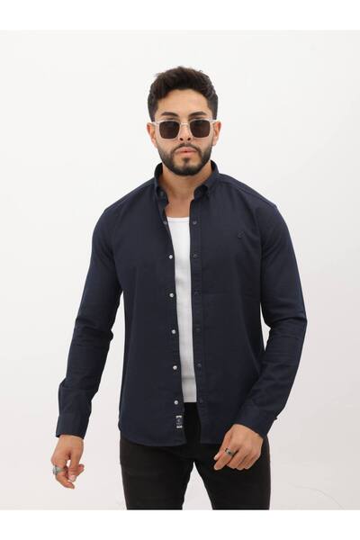 cliento Slim fit Likralı Erkek Kot Gömlek Lacivert