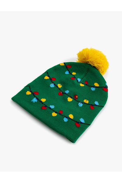 Koton Patterned Beret - Pompom Detailed