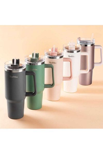 Tantitoni 020-01-Move Smoked Stainless Steel Thermos Cup with Straw 1.2L