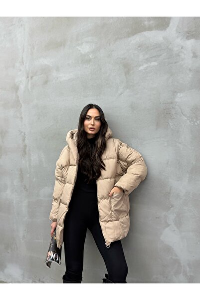 msm fashion Palton de puf pentru femei cu glugă supradimensionată - mânecă li...