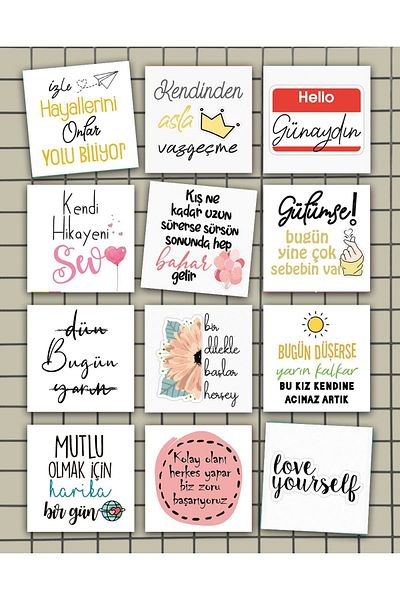 Pankart Evi Motto Words Motivation Cards for Board 10cm Accessory 12 Pieces
