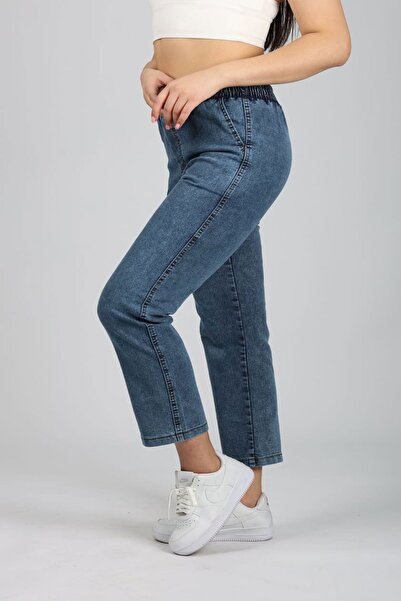 M MODAMARKREAL Kadın Kot Pantolon / Beli Lastikli / Yüksek Bel / Likralı / Büyük-Küçük Beden  / YIKAMALI MAVİ
