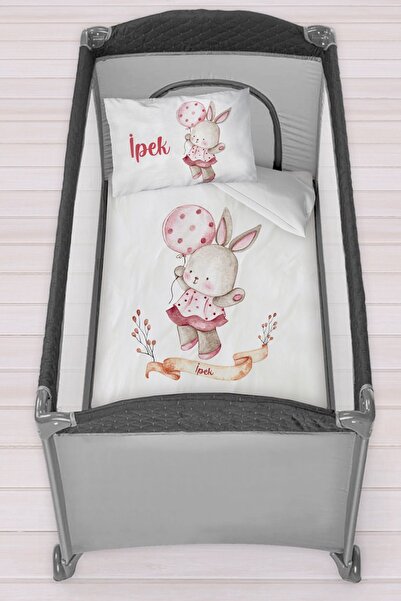 Homamia Isme Özel 75x120 Park Yatak Beşik Nevresim Takımı Balonlu Tavşan