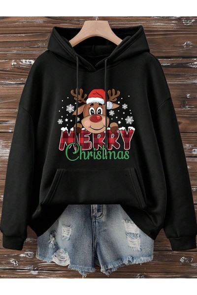 OVER HEAD سويت شيرت بقلنسوة أسود اللون لعيد الميلاد المجيد - 3 خيوط للجنسين