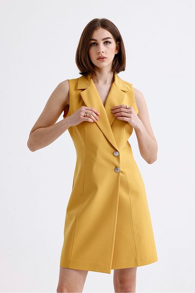 Sense Lined Sleeveless Hürrem Long Jacket Dress |   Ckt35288 Yellow