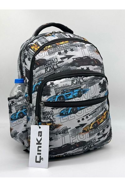 Çınka Bags Rucsac pentru băieți de culoare gri cu model de mașină cu nutriție din folie și suport pentru stilou