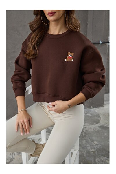 Elif Özbey Butik Теди пуловер с горчиво кафе и детайли от бродерия