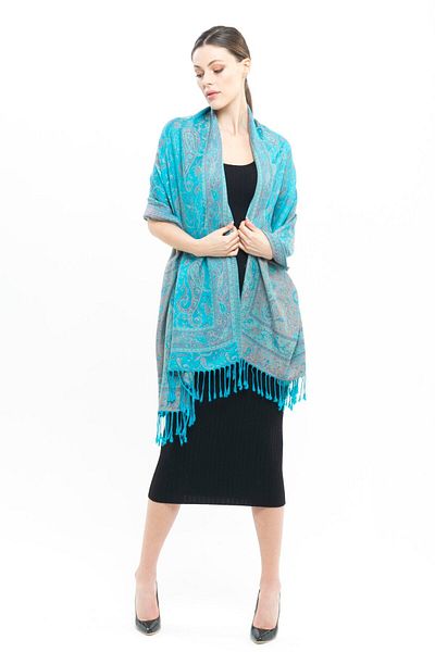 K&B PASHMINA 100% cașmir șal pashmina |   70%x180 Cap lateral al mașinii |   În albastru