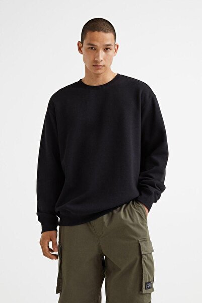 Butik Erkek Bisiklet Yaka Içi Pamuklu Oversize Fit Basic Siyah Sweatshirt