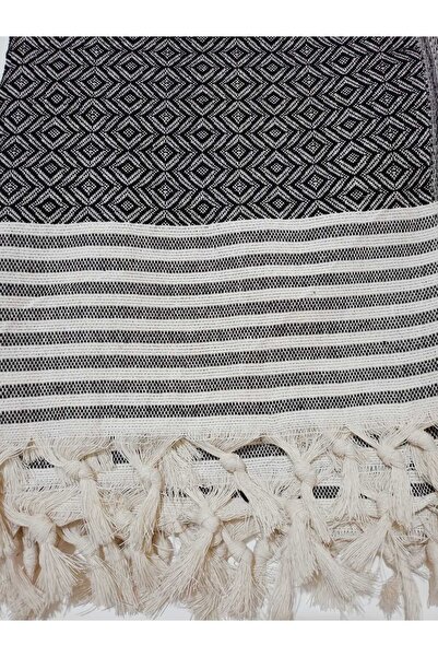 ENEFENDİ Koltuk Çekyat Örtüsü Krem Siyah Pamuklu Naturel Kolları Kaplayan Püsküllü Büyük Boy 180 x 300