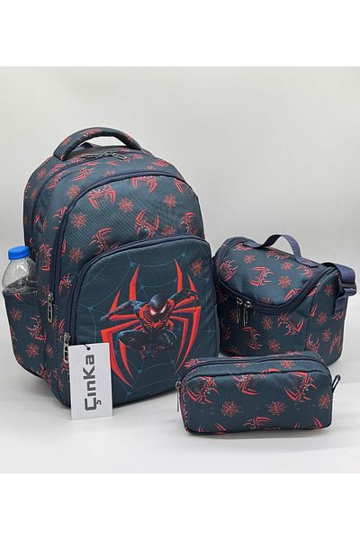 Çınka Bags Rucsac pentru băieți de culoare albastru închis cu model de păianjen cu suport pentru nutriție și stilou din folie