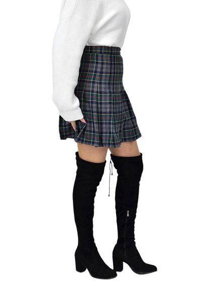 BAGLAN Green Smoked Women's Plaid College Skirt - Kizmesl-48