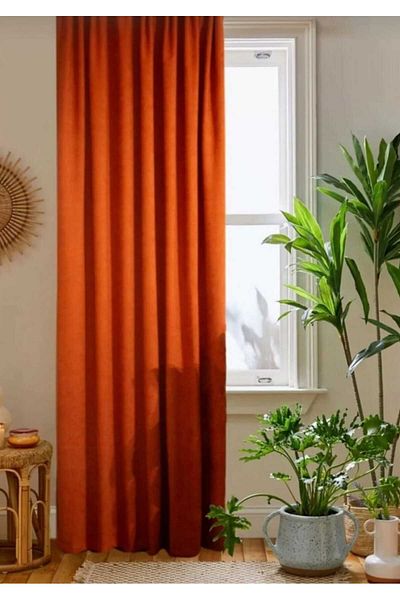 PİKKO HOME Copy - Velvet Textured Extraphore Drawstring Orange Color High Quality Single Wing Background Curtain