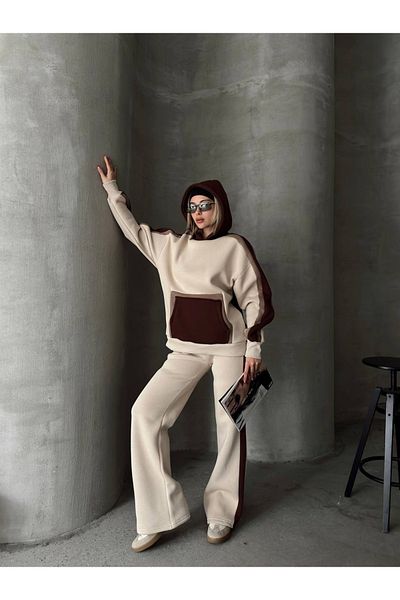 sportiness Oversize Hooded Garnished 3 Threads Charted Wide Leg Tracksuit Suit
