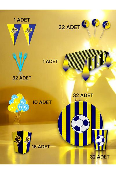 VibeHome 32-Person Navy Blue Yellow Fan Luxury Set - Birthday Party and Fun Events