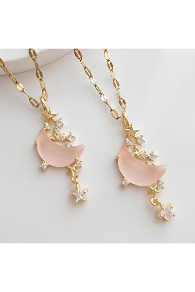 SeyCey.co قلادة القمر الوردي مع حجر الأوبال الذهبي |   هدية عيد الحب في 14 فب...