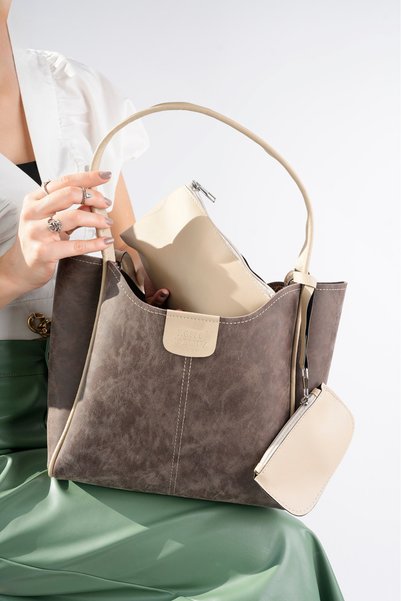 bakac store Brown Suede Textured Faux Leather Wallet and Makeup Bag Women's Hand and Shoulder Bag L:25 E:38 W:15 cm