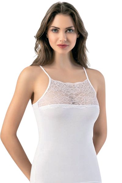 vory Women's White Thin Strap Organza Patterned Tulle Detailed Tank Top