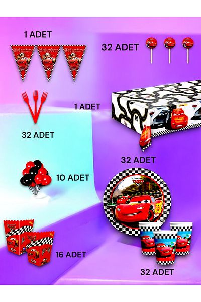 VibeHome 32 Person Cars Themed Luxury Set - Birthday Party and Fun Events