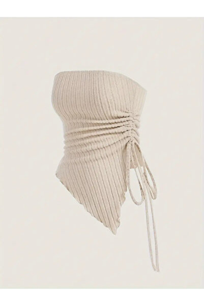 Wildco Μπεζ στράπλες ασύμμετρη μπλούζα με κορδόνια από λύκρα, ασύμμετρη στράπλες ελαστική μπλούζα με κορδόνια μπεζ Crop top