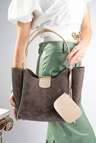 bakacstore Kahve Süet Dokulu Suni Deri Cüzdanlı Makyaj Çantalı Kadın El Ve Om...