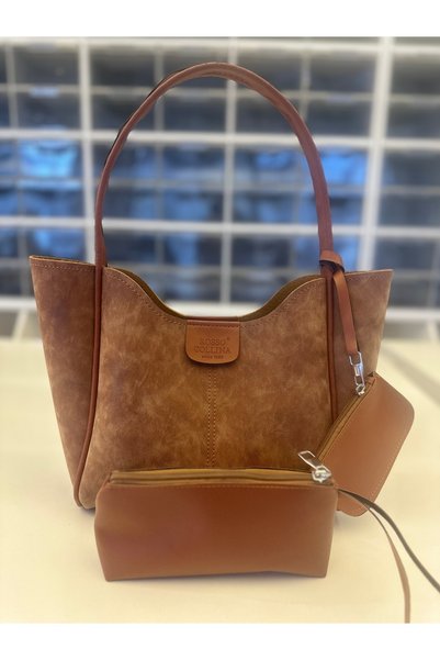 bakac store Women's Hand and Shoulder Bag with Taba Suede Textured Faux Leather Wallet and Makeup Bag L:25 W:38 W:15 cm