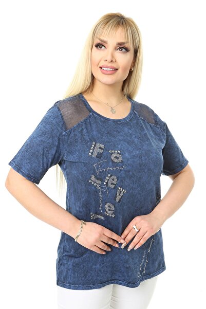 Mia Butik Plus Size Navy Blue Blouse with Mesh Detail on Shoulders
