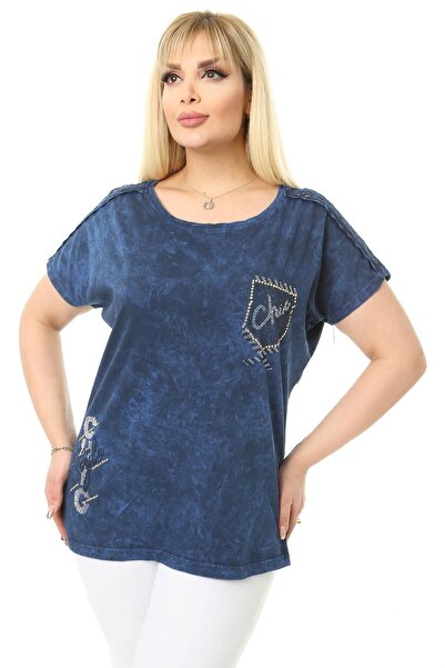 Mia Butik Plus Size Navy Blue Blouse with Lace Detail on Shoulders