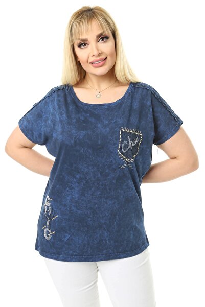 Mia Butik Plus Size Navy Blue Blouse with Lace Detail on Shoulders