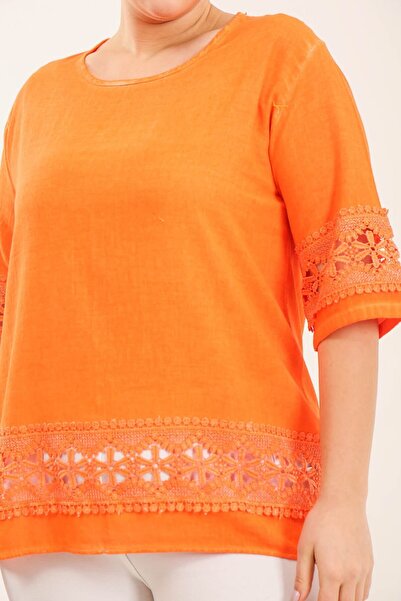 Mia Butik Plus Size Linen Orange Skirt Lace Detailed Blouse