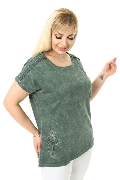 Mia Butik Large Size Khaki Blouse with Lace Detail on the Shoulders