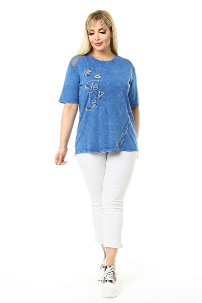 Mia Butik Plus Size Blue Shoulder Mesh Detailed Blouse