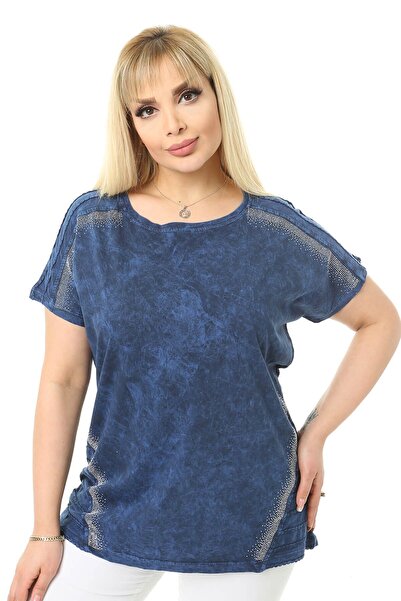 Mia Butik Plus Size Navy Blue Round Neck Blouse
