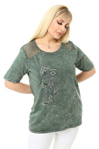 Mia Butik Large Size Khaki Blouse with Mesh Detail on the Shoulders