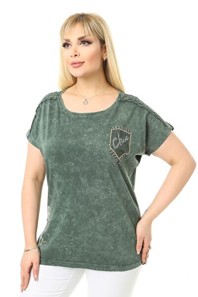 Mia Butik Large Size Khaki Blouse with Lace Detail on the Shoulders