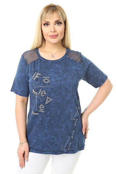 Mia Butik Plus Size Navy Blue Blouse with Mesh Detail on Shoulders