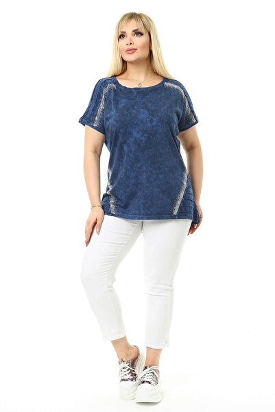Mia Butik Plus Size Navy Blue Round Neck Blouse