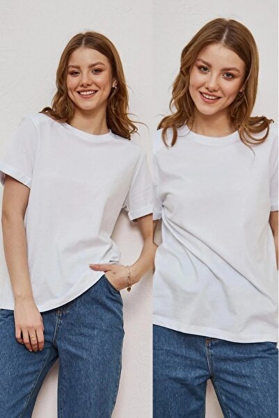 Serüven Sport %100 Organik Pamuk 3'lü Paket Bisiklet Yaka Kadın Tişört Düz Renki Örme Penye T-shirt