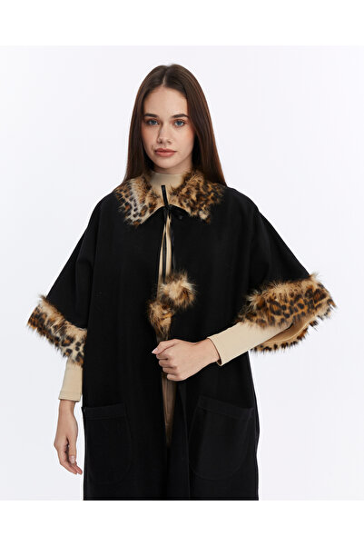 NURSEY Kaşe Leopar Kürklü Panço