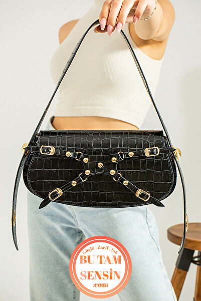 Bu Tam Sensin Siyah Kroko Desenli Kadın Çift Kademeli Özel Kilit Askı Sistemli Manc Model Baget Omuz Çantası
