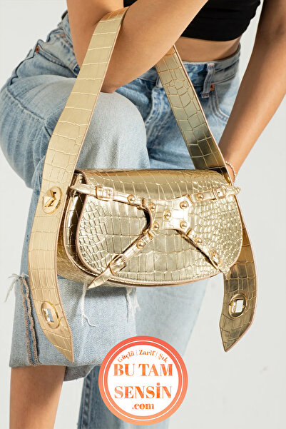 Bu Tam Sensin Altın Kroko Desenli Kadın Çift Kademeli Özel Kilit Askı Sisteml...