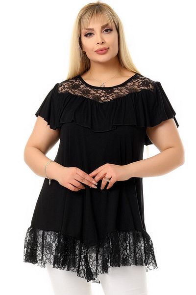 Kheos Chest And Skirt Tulle Lace Asymmetrical Cut Round Collar Frilly Chest Comfortable Flowy Flexible Tunic