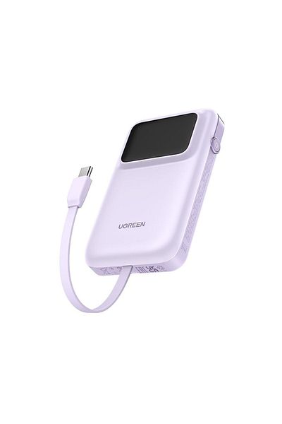 Ugreen باور بانك أونو بمنفذي USB-C وUSB مع كابل مدمج 10000 مللي أمبير 30 وات - أرجواني