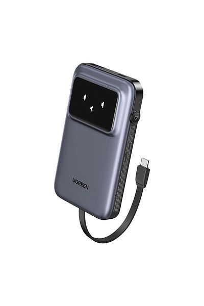 Ugreen Uno Power Bank USB-C ومنافذ USB 10000 مللي أمبير 30 وات مع كابل مدمج - رمادي